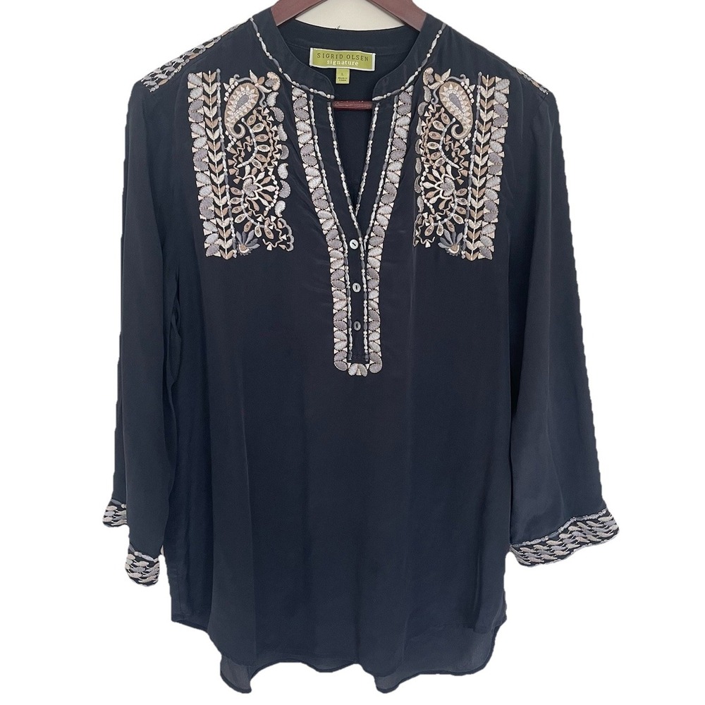 Vintage Sigrid Olsen Signature Embroidered 100% Silk Tunic Top L Mandarin Collar